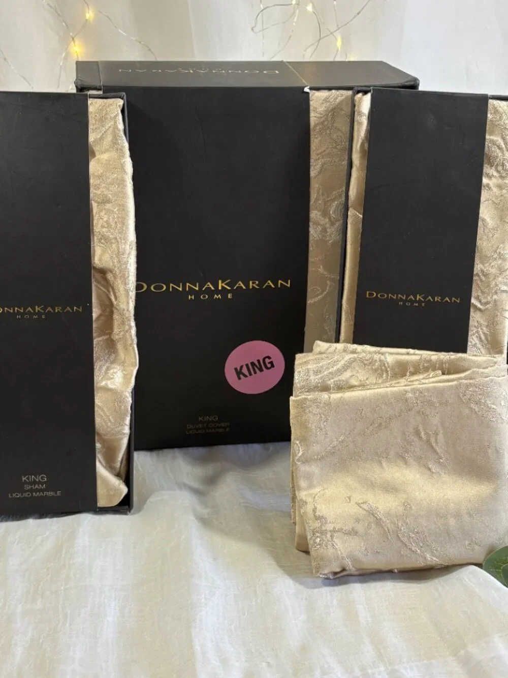 Donna Karan Liquid Marble Jacquard Gold King Duvet & 3 SHAMS NEW 4PC SET $1500